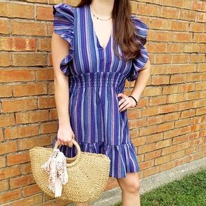 PINCH Stripe Linen Flutter Sleeve Dress (BLUE- LARGE)
